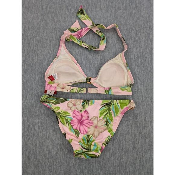 Vintage Esprit Bikini Womens Small Pink Green Leaf Floral Halter Top Bottom Y2K - Picture 2 of 14